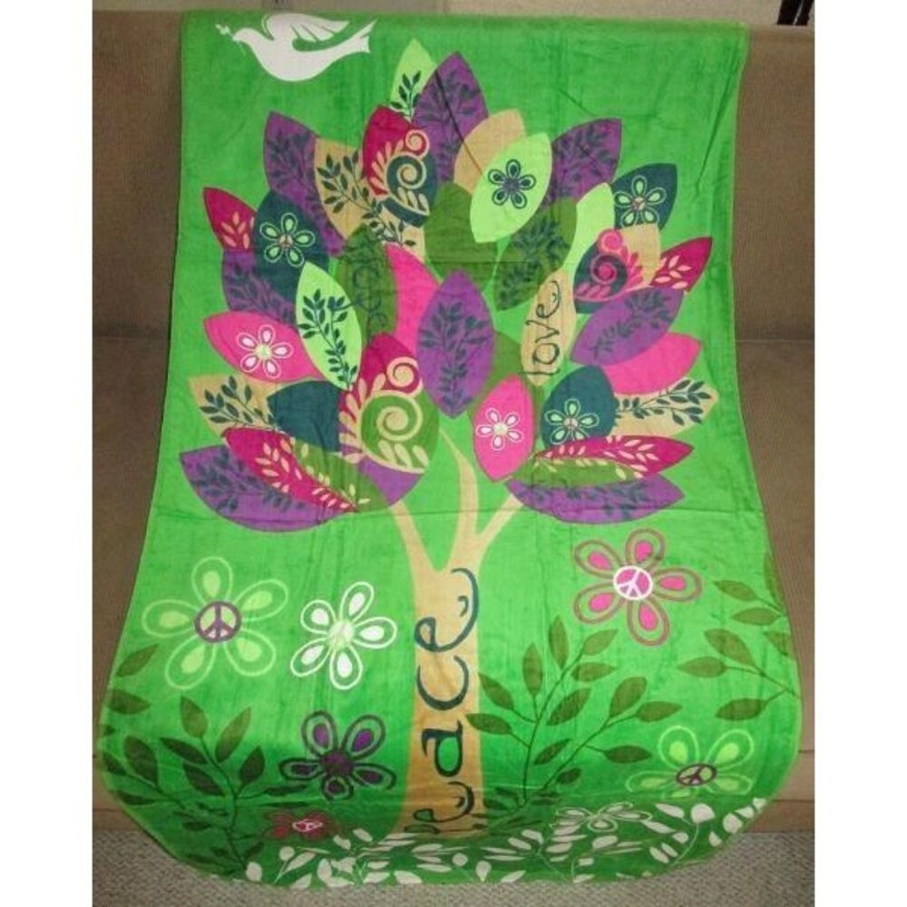 New Peace Love Tree Beach Bath Pool Towel Gift Dove Sign Pink Purple Flowers NIP